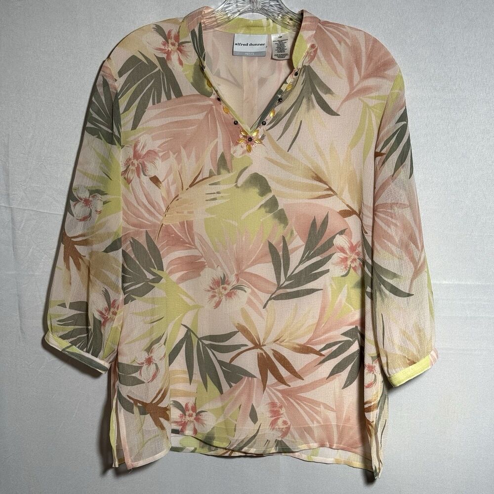 Alfred Dunner Petite 10P Tropical Floral Embellished Tunic Blouse Pink Green